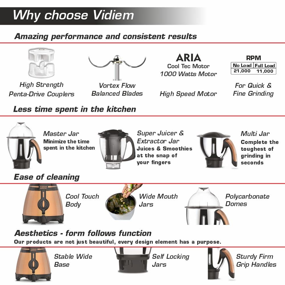 Vidiem 649 A Metallica Bronze|Mixer Grinder 1000 Watt with 3 Jars & 1 Juicer |4 Leakproof Jars withself-Lock for Wet & Dry Spices, Chutneys|5 Years Warranty