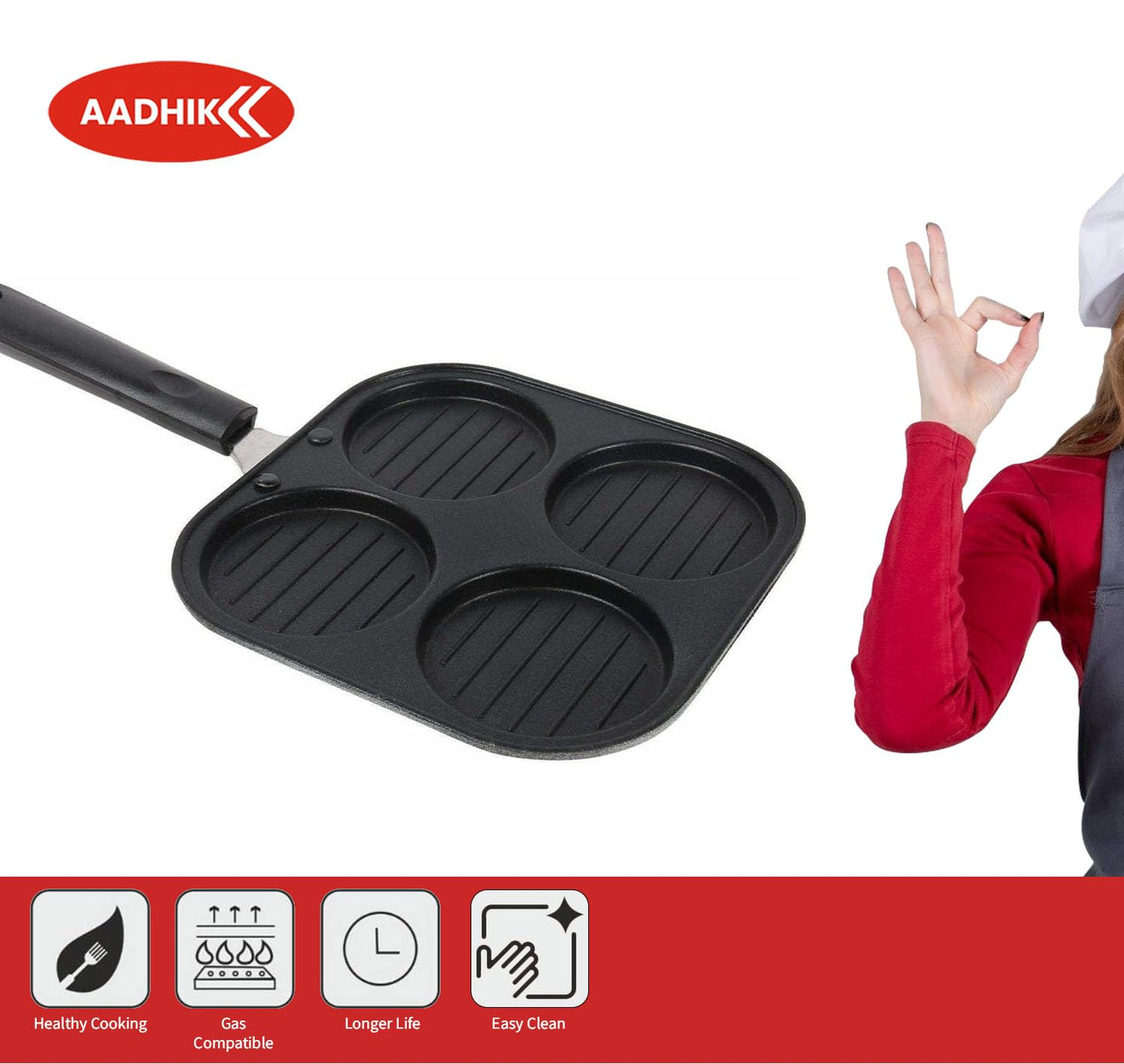 AADHIK Non-Stick Grill Pan Mini Pan Uttapam Tawa Aluminum Multi Snack Maker 4 Cavity, Pancake Maker (Black)