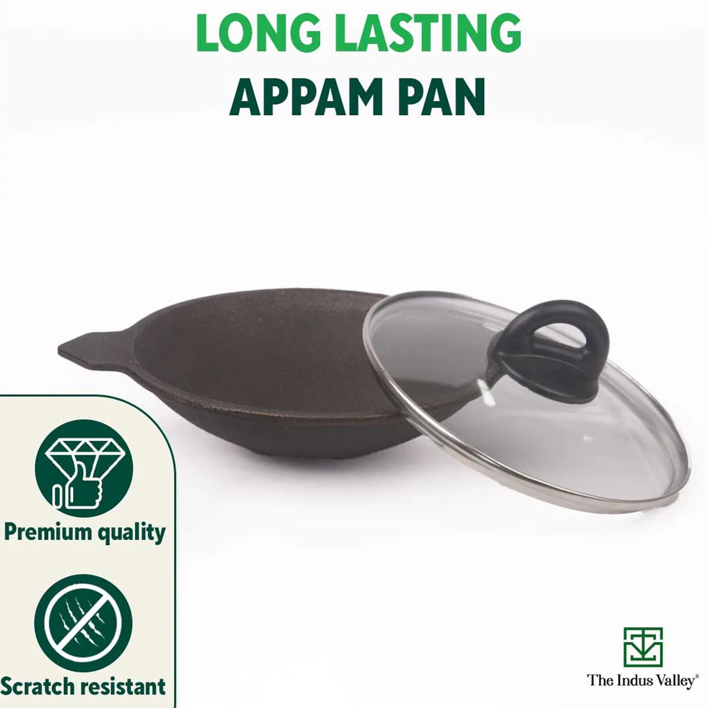 The Indus Valley Pre-Seasoned Cast Iron Appam Pan/Appachatty/Chetty Pan/Appam Patra with Glass Lid | 22 Cm/8.7 Inch, 1.5Kg | Gas Compatible | Nonstick Appam Pan, 100% Pure & Toxin-Free
