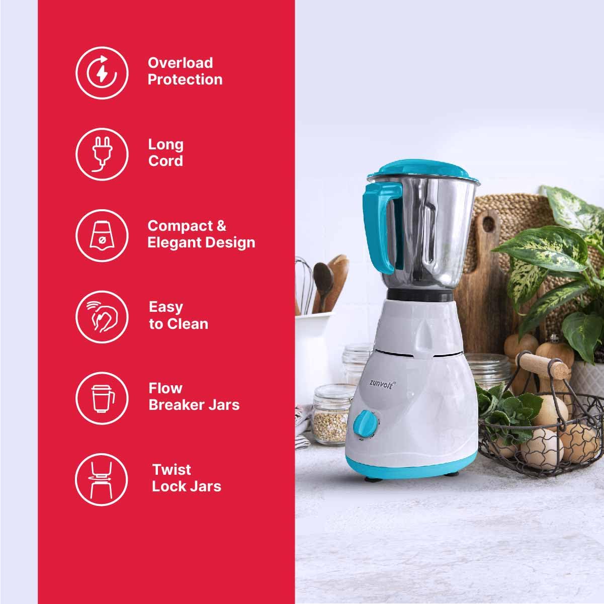 ZunVolt 3 JAR Mixer Grinder -500W with Flow Breaker Jars, 22000 RPM Motor & 1 Year Warranty Cover (Turquoise-White)