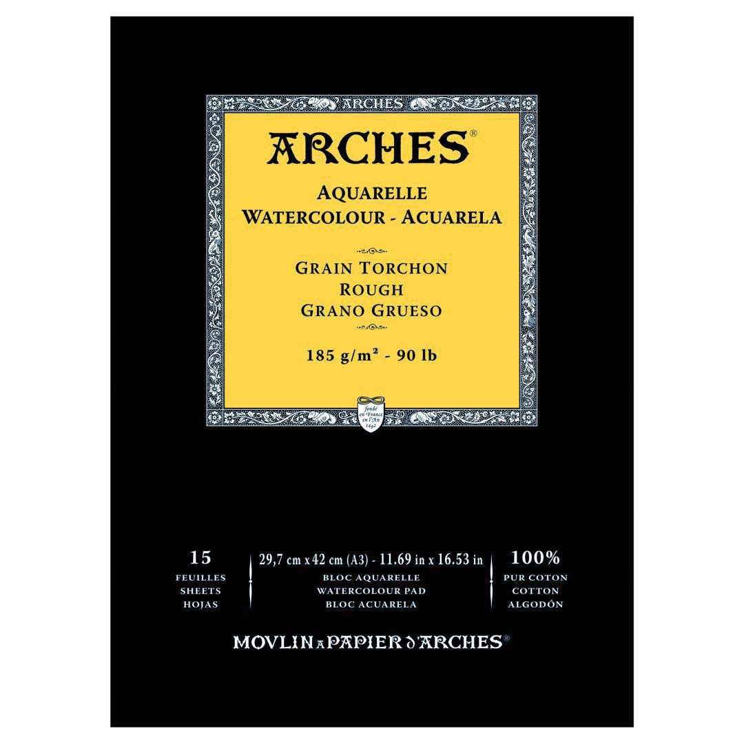 Arches Watercolour- Aquarelle - A3 (29.7 cm x 42 cm) Natural White Rough Grain 185 GSM Paper, Short Side Glued Pad of 15 Sheets