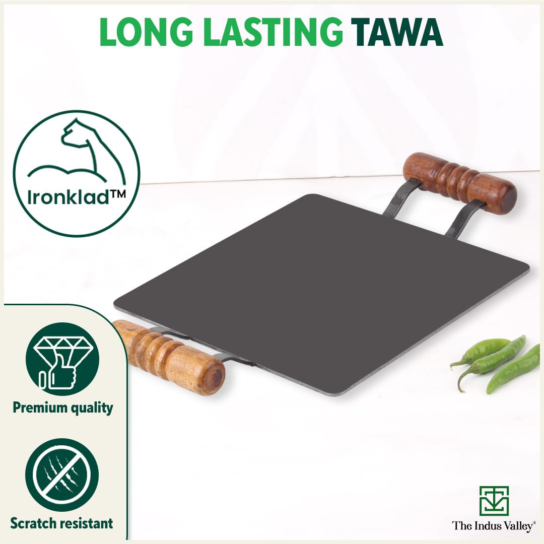 The Indus Valley Pre-Seasoned Square Iron Tawa with Wooden Handle | 30 cm/11.8 inch, 3.26kg | Induction Friendly | Pre-Seasoned Tawa, 100% Pure & Toxin-Free, No Chemical Coating