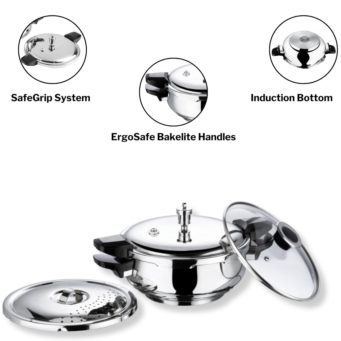 Vinod Magic Stainless Steel Smart 3 in 1 Pressure Cooker 3.5 Litre | 5mm Thick Base | All in One Cooker with Strainer & Glass Lid | Induction and Gas Base | ISI certified | 2 Years Warranty