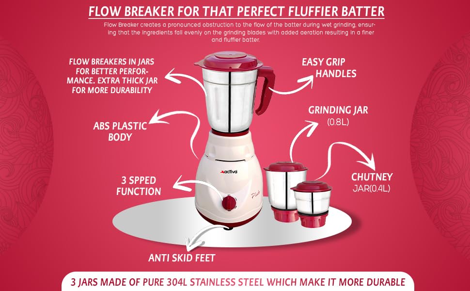 ACTIVA Pluto Pro Mixer Grinder 500W | 3 Jars | comes with 2 Year Warranty