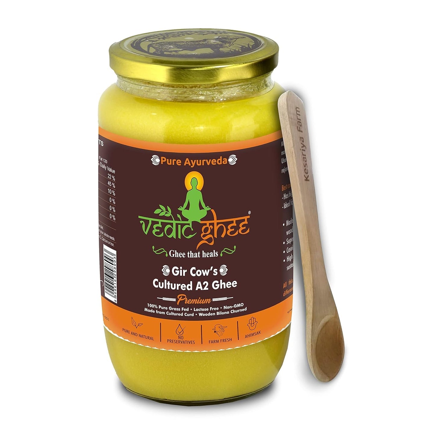 Vedic Ghee Premium A2 Gir Cow Cultured Desi Ghee from Kesariya Farm | Vedic Bilona Two Way Churned | Indian Gir Cow Ghee, Pure A2 Ghee, Natural & Healthy, Non-GMO | Lab Certified (1L)