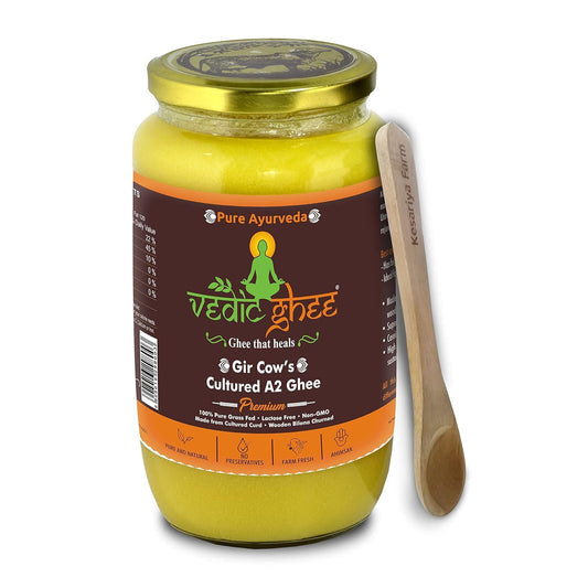 Vedic Ghee Premium A2 Gir Cow Cultured Desi Ghee from Kesariya Farm | Vedic Bilona Two Way Churned | Indian Gir Cow Ghee, Pure A2 Ghee, Natural & Healthy, Non-GMO | Lab Certified (1L)