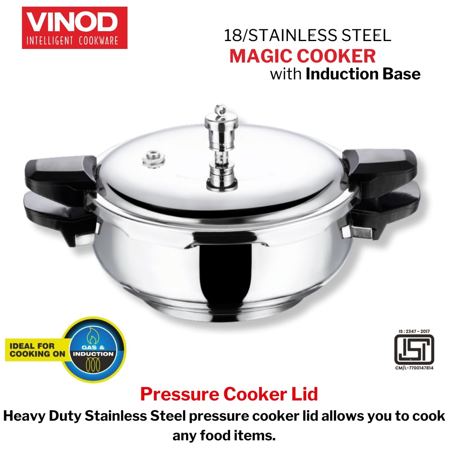 Vinod Magic Stainless Steel Smart 3 in 1 Pressure Cooker 3.5 Litre | 5mm Thick Base | All in One Cooker with Strainer & Glass Lid | Induction and Gas Base | ISI certified | 2 Years Warranty