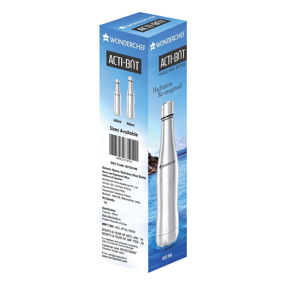 Acti-Bot, 650ml, Stainless Steel Single Wall Water Bottle, Light Weight, Spill and Leak Proof, 2 Years Warranty