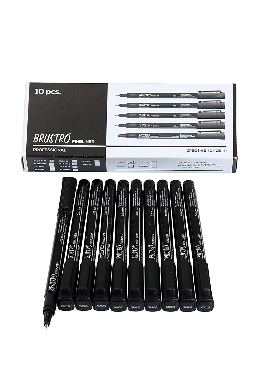 Brustro Professional Pigment Based Fineliner | Black | Set of 10 - Tip Size 0.03mm |Archival Waterproof UV Resistant Ink |Ideal For Technical Drawing,Waterproof,Artist Illustration,Sketching,Mandala