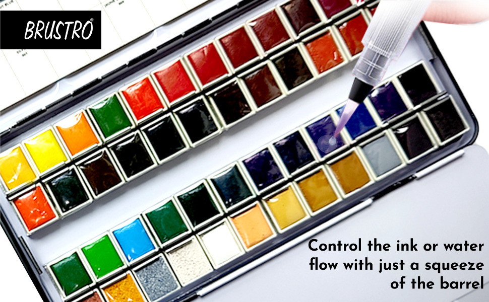 Brustro 3 Flat and Round Aqua Squeeze Leak Proof Watercolour Brush Pen with 9 Sheets Paper Cotton CP 300 GSM, 5x7-inch (Assorted) - Set of 6