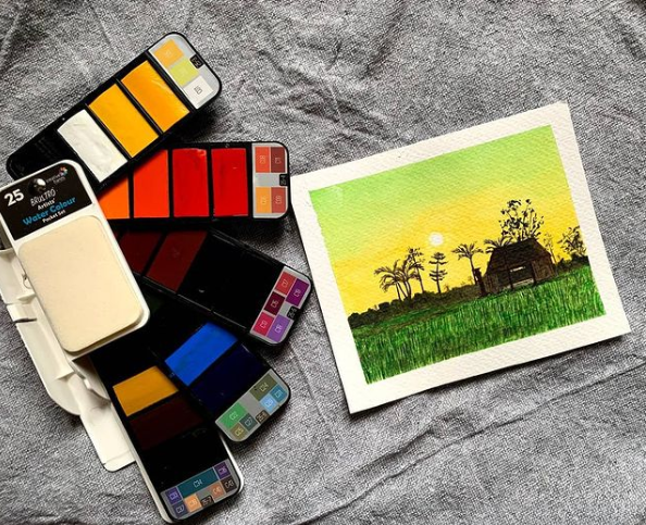 BRUSTRO Artists Watercolour Paint Pan Set of 25 with Artists Watercolour Paper 300 GSM, 25% Cotton, Color, Cold Pressed, A4 (Pack of 12), A3 (Pack of 6) & A5 (Pack of 24)