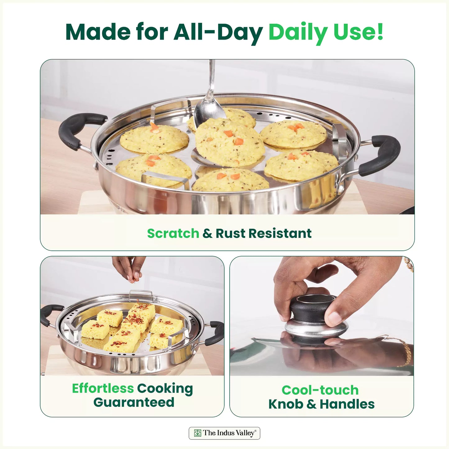 7 Pit Tri-Steel Premium Stainless Steel Idli/ Dhokla/ Momo Maker/ Multi Pot/ Veg Steaming Set, Tri-ply Induction Bottom, 5 Plates, 4.2L, 2.5kg