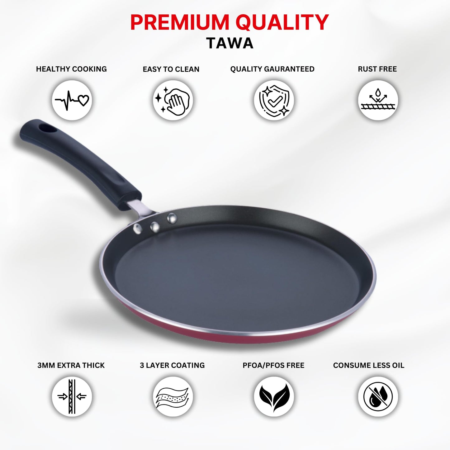 Vinod Zest Aluminium Non Stick Dosa Omni Tawa - 28cm | 4mm Extra Thick | 3 Layer Ceramic Coat | Bakelite Handle | Toxin Free | Gas Base - 1 Year Warranty