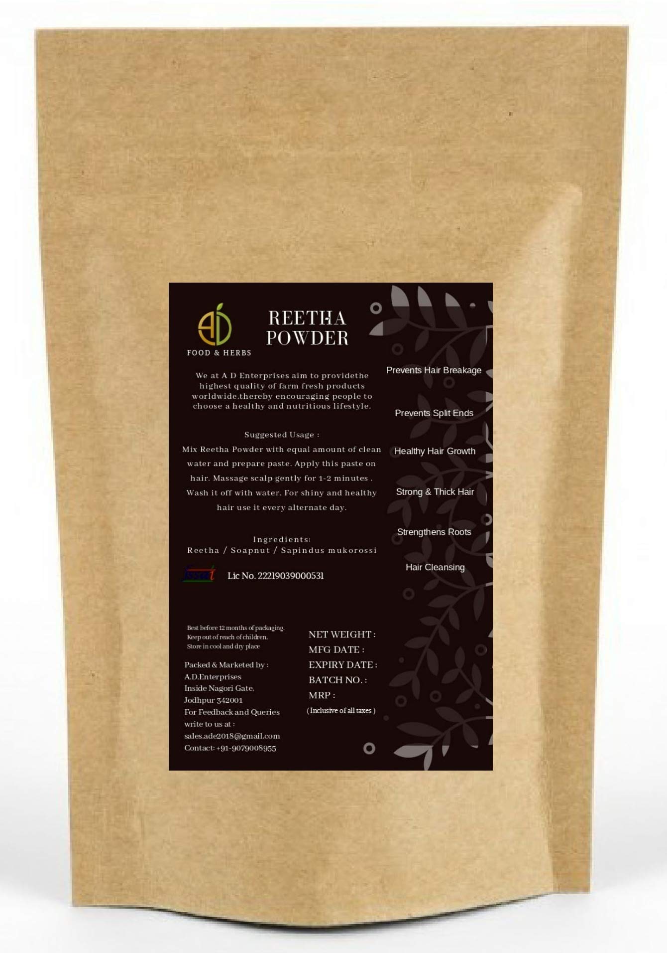 A D Food & Herbs Natural Organic Reetha Powder (1 Kg)