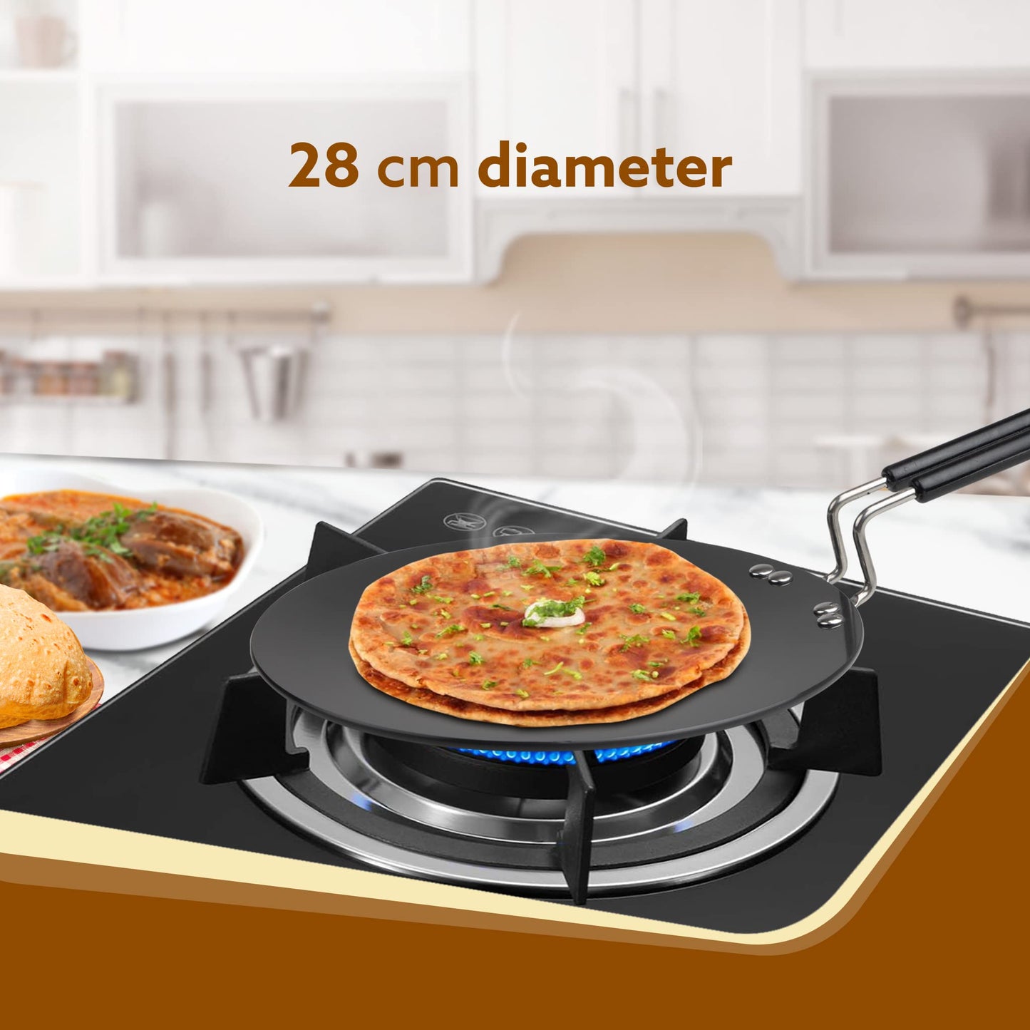 AGARO Elite Hard Anodised Tawa for Kitchen, 28 cm Diameter Tawa for Roti, Chapati, Paratha, Riveted Handle, 4 mm Thick Base for Uniform Heating, Gas & Induction Oven Compatible, Cooking, Cookware