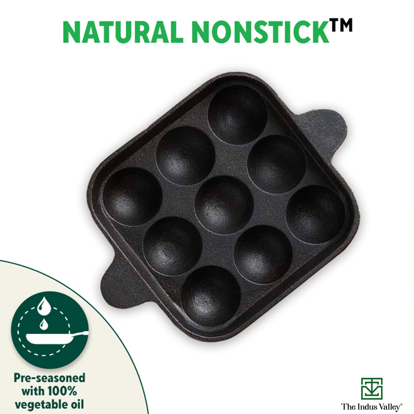 The Indus Valley Pre-Seasoned Cast Iron Square Paniyaram Pan | 9pit, 24cm/9.4inch, 1.3kg | Naturally Nonstick Appe/Paddu Pan, 100% Pure & Toxin-Free, No Chemical Coating, Black