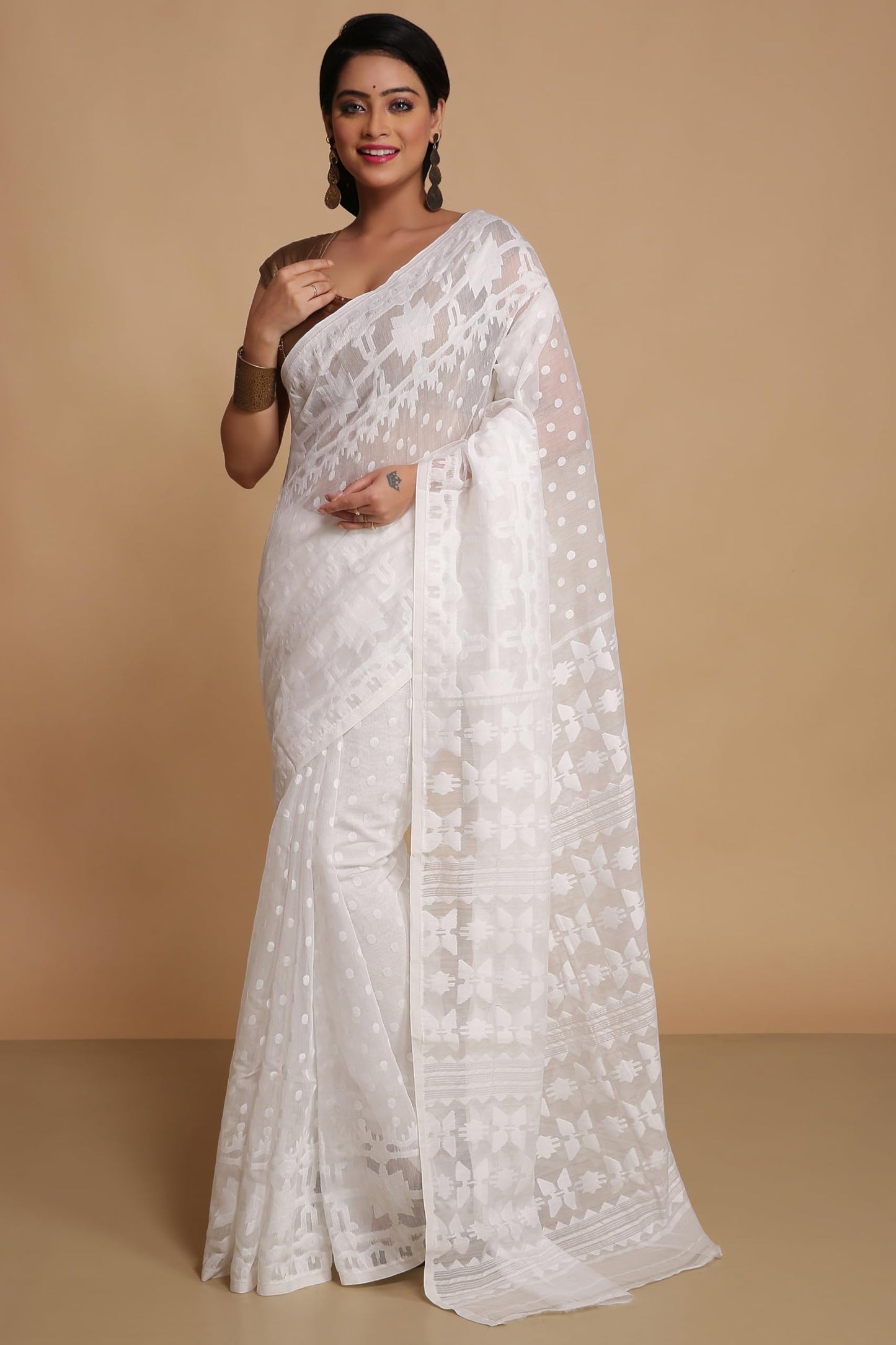 BENGAL HANDLOOM Women'S Cotton Silk Dhakai Softs Vojadi Dhakai Jamdani Sarees (Wite White)