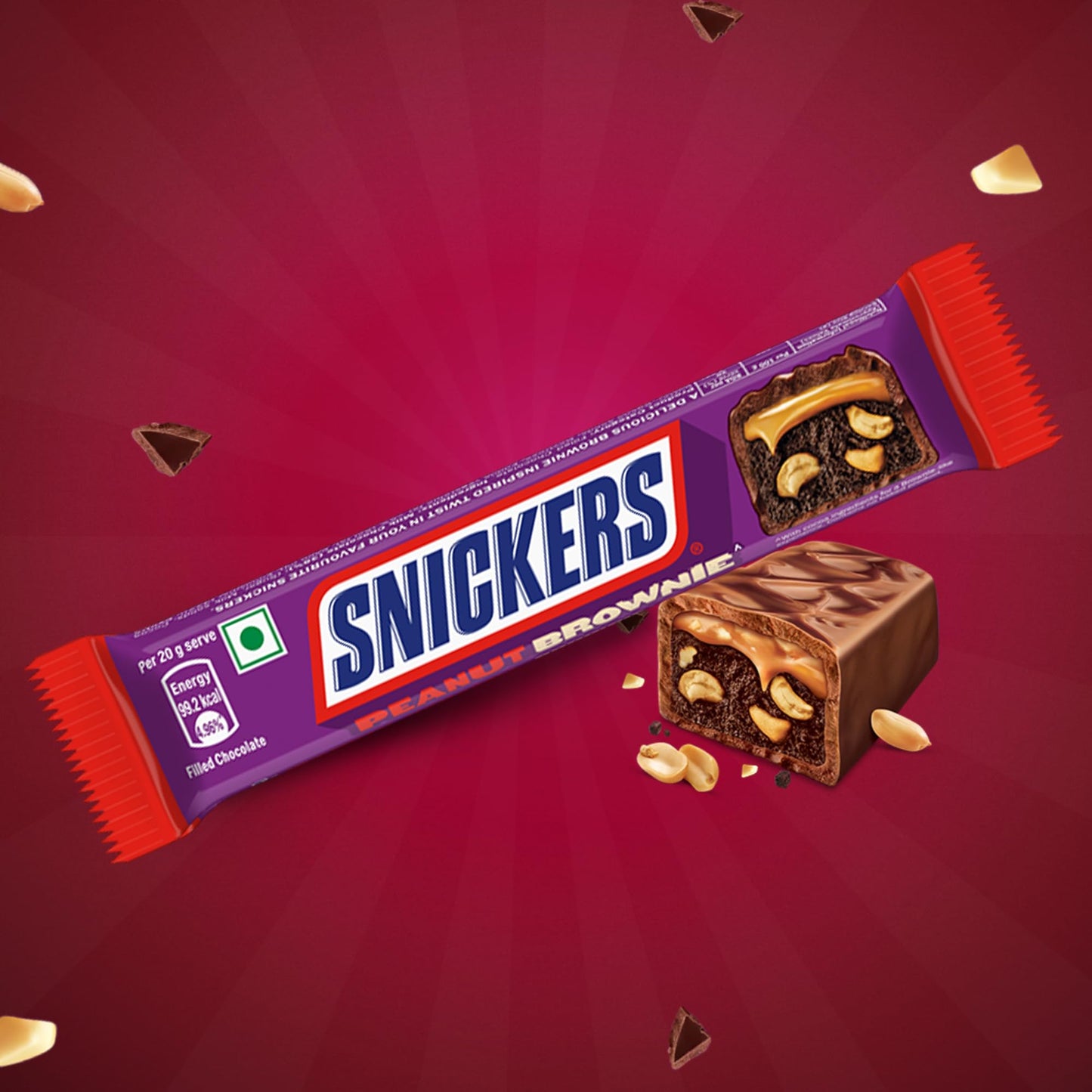Snickers Peanut Brownie Chocolate Stick |Filled with Brownie, Peanuts & Caramel |Rich & Chewy Chocolate Bar 24g (Pack of 24) | 576gm
