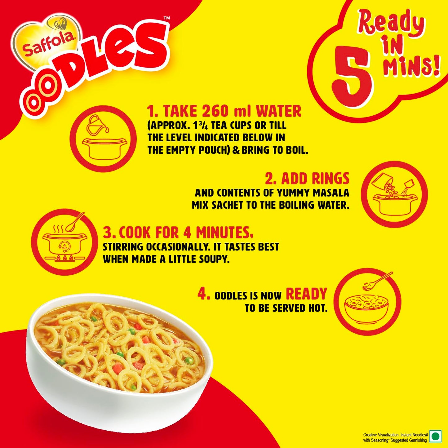 Saffola Oodles Yummy Masala Pack of 14 (14x53g) 742gm, Instant Noodles, Ring Noodles, No Maida, Goodness of Millet & Oats
