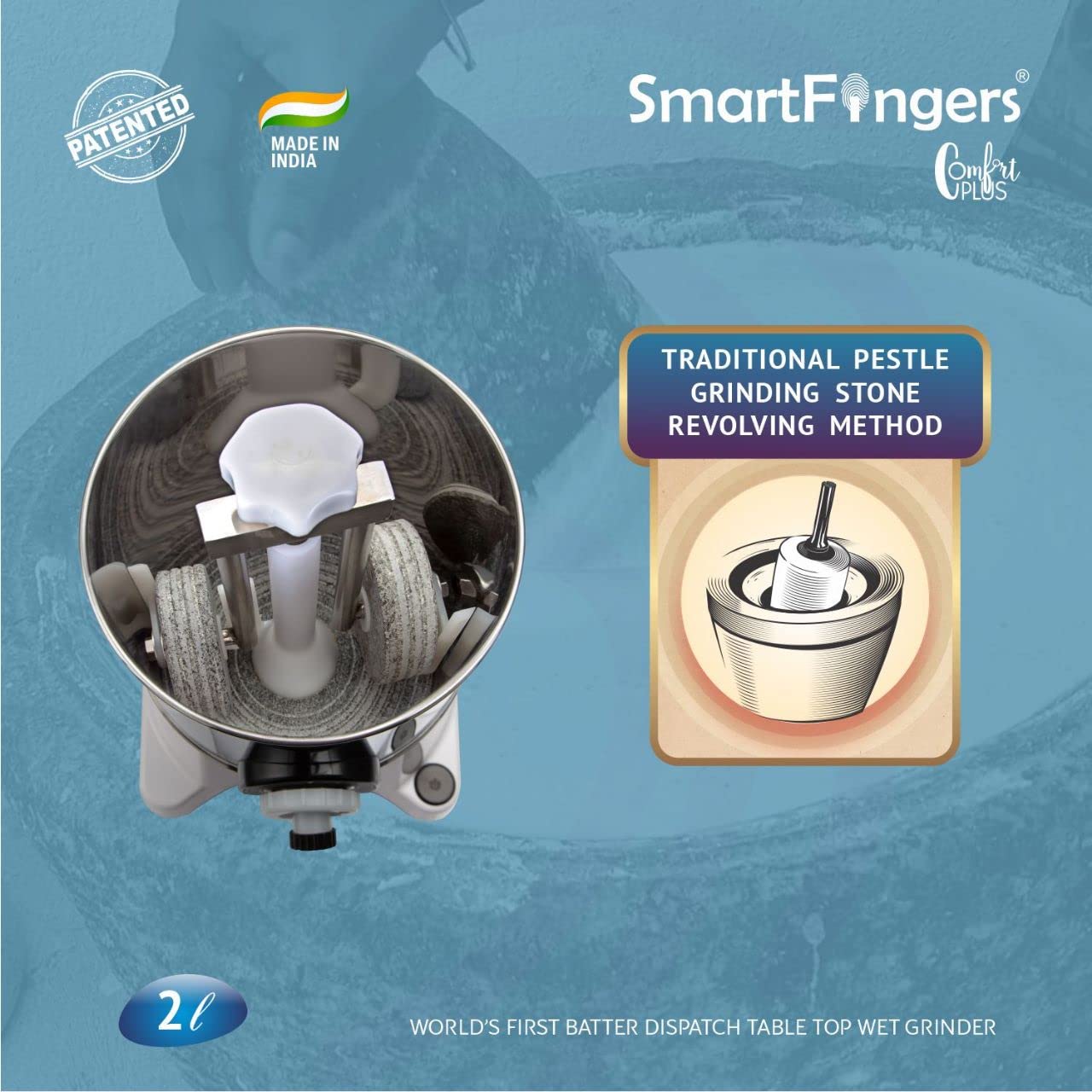 SmartFingers Comfort Plus Table Top magic Wet Grinder 230V 50hz, 2 Liter, White, 2 Stone