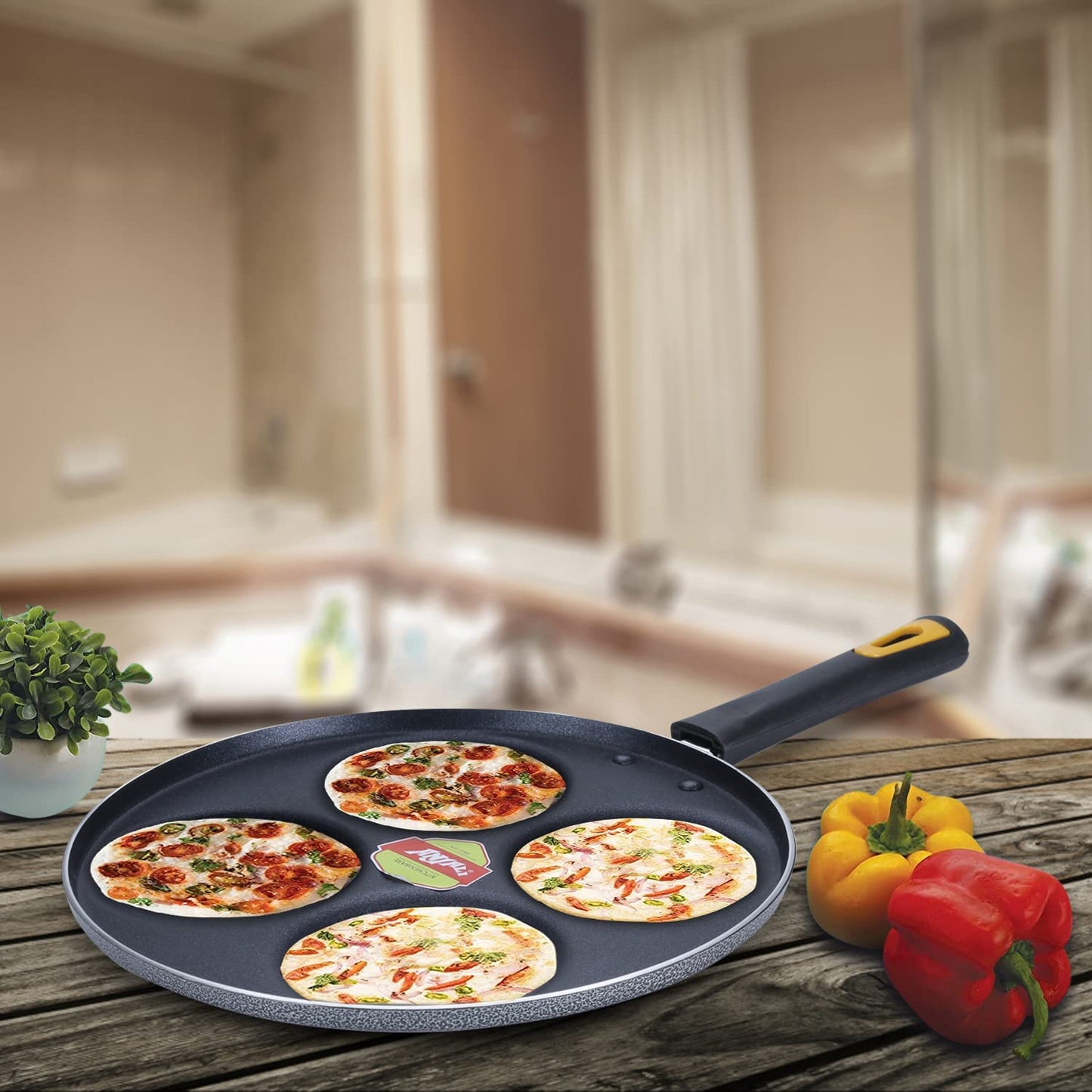 apsara kitchenware Diamond Aluminium Dura Big Non Stick Uttappa Tawa 4-Cavity with Handle for Mini Uttappa, Mini Pancake Maker, Mini Crepe Pan, Idli Pan Multi Snack Maker-Black