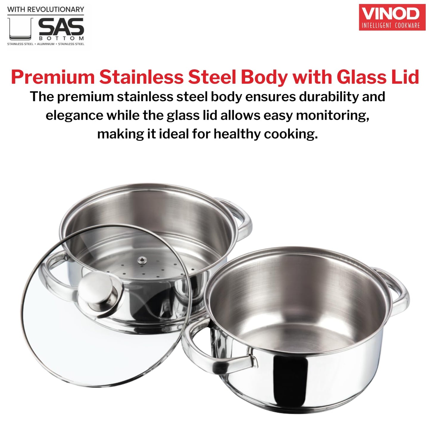 Vinod Stainless Steel Steamer 2 Tier with Glass Lid 18 cm | 2.5 mm Thick Base | Multi Purpose Momos, Modak Maker Steamer | Induction and Gas Base | 2 Year Warranty - Silver
