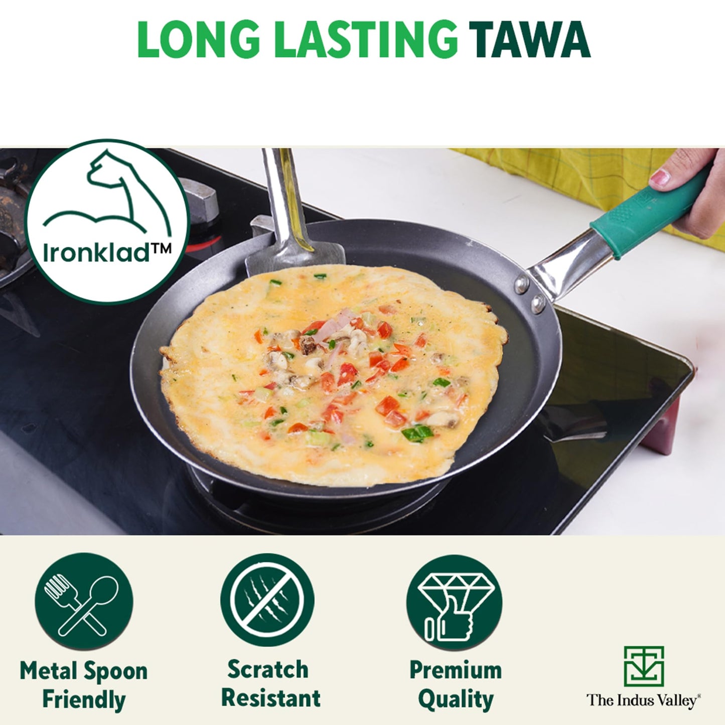 The Indus Valley Pure Iron Flat Tawa With Silicone Grip | 26Cm/10.2 Inch, 1Kg | Induction Friendly | 100% Pure & Toxin-Free, No Chemical Coating,Multicolor