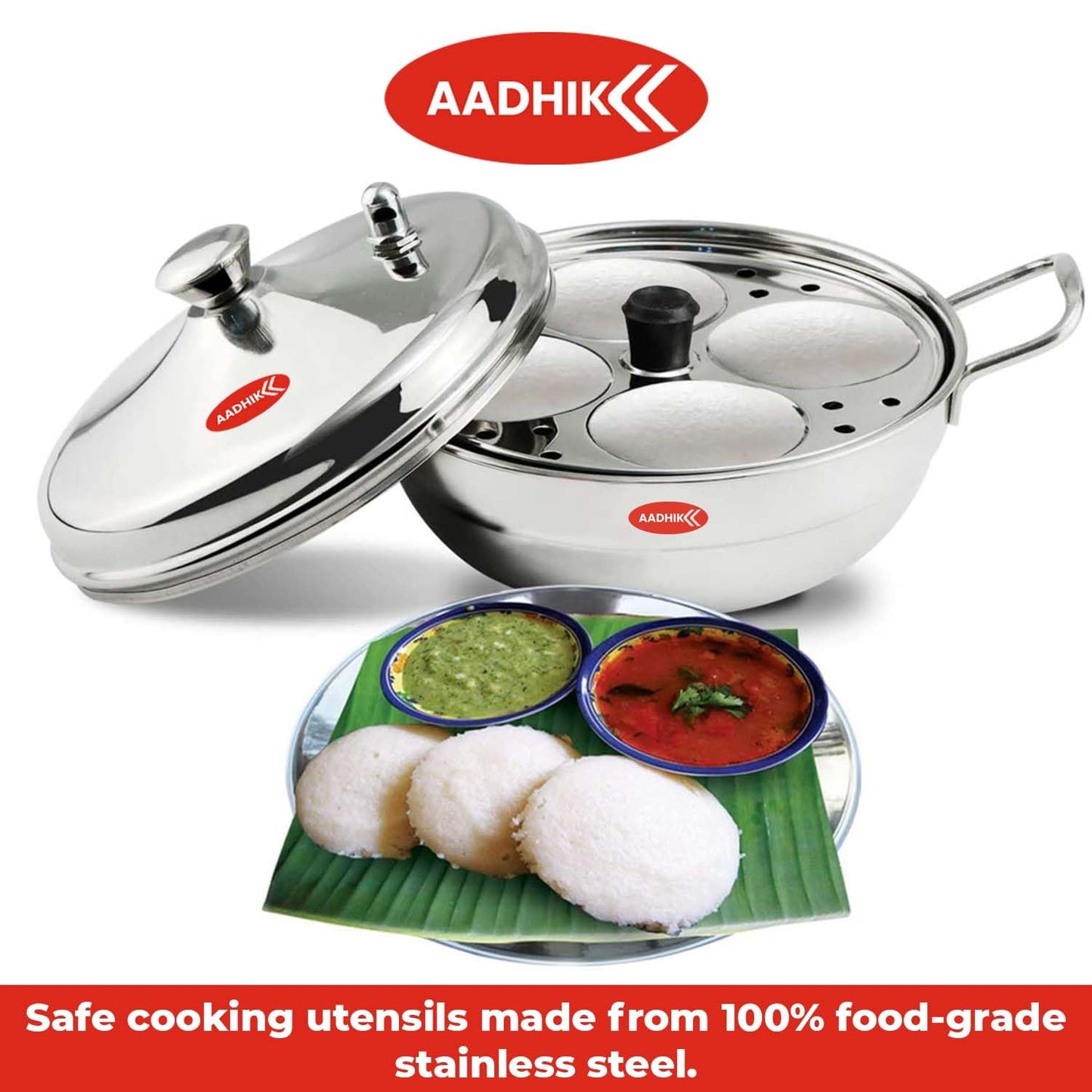 Aadhik Stainless Steel Multi Purpose Kadai with Steel Lid, Idli Maker 2 Idli Plate 8 Cavity Idli Cooker Stainless Steel Idly Pot with Steamer, Silver