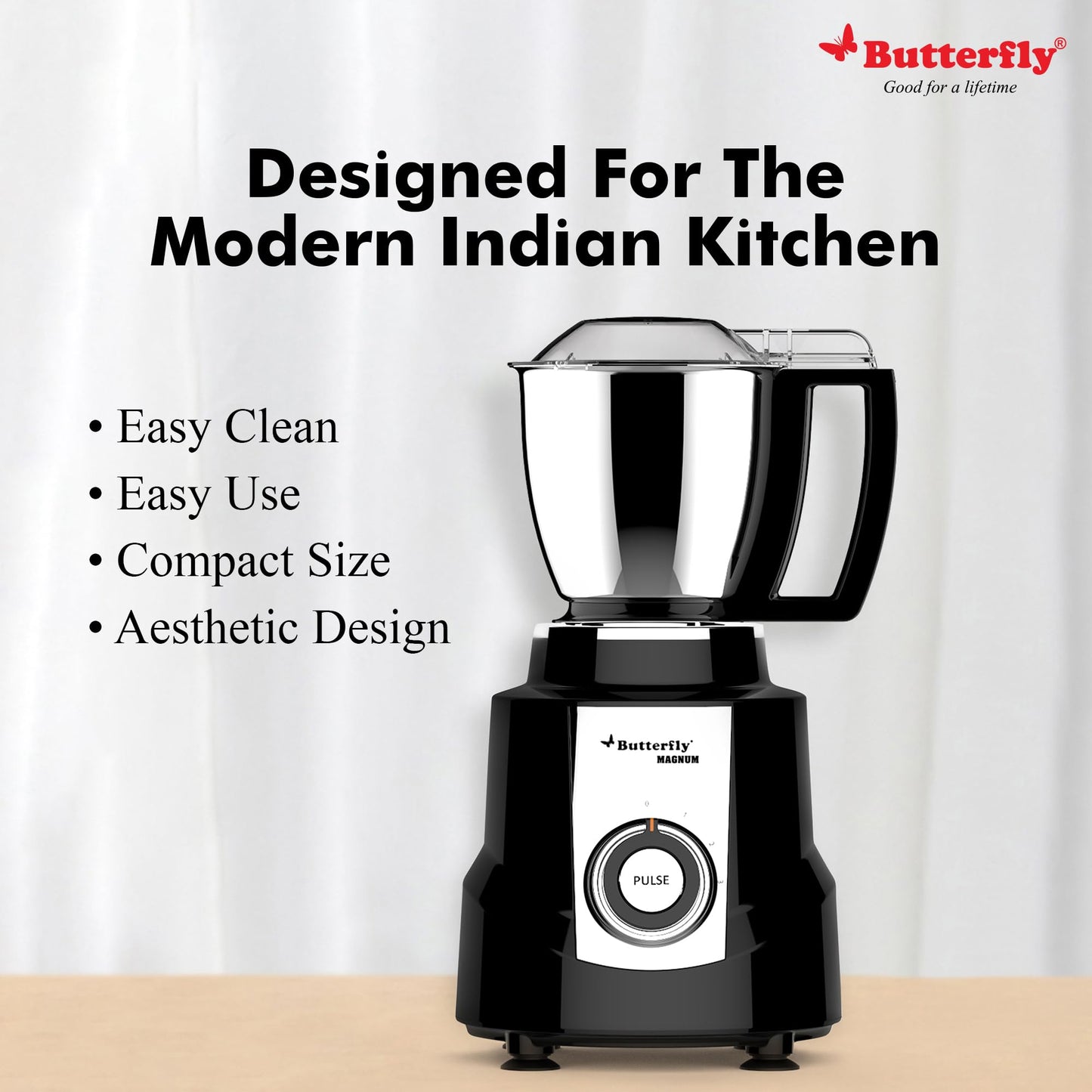 Butterfly Magnum 1.2HP Mixer Grinder with 4 Jars | 100% Copper Motor | 3 Stainless Steel Multipurpose Jars and 1 Juicer Jar | ABS Body | Handsfree Operation | Lifetime Motor Warranty| Black
