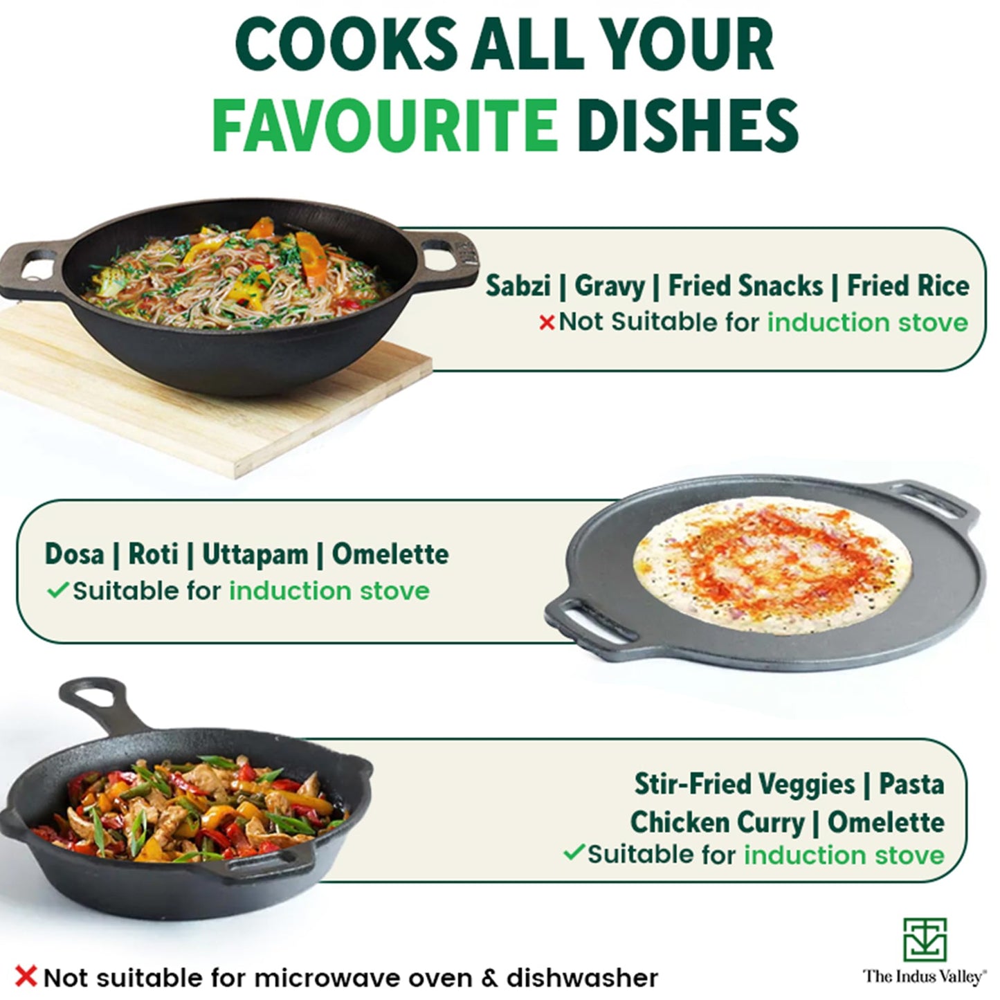 The Indus Valley Pre-Seasoned Cast Iron Cookware Set+ Free Tadka Pan|Tawa (30.5 Cm)+ Kadai (25.4 Cm/2.3L)+ Fry Pan (23 Cm/1.4L)|Kitchen Cooking Combo Pots & Pans Set Of 4Pcs|Naturally Nonstick - Black