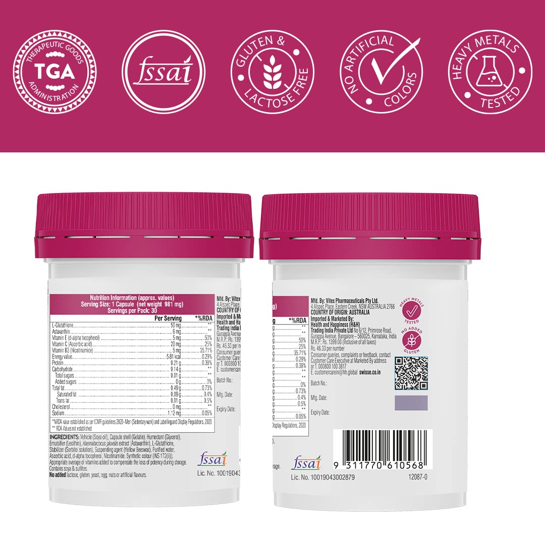 Swisse Glutathione+ Manufactured In Australia, Glutathione Tablets with Astaxanthin, Vitamin C & E, Nicotinamide For Healthy, Radiant & Youthful Skin (30 Capsules, Only 1 Capsule Per Serving)