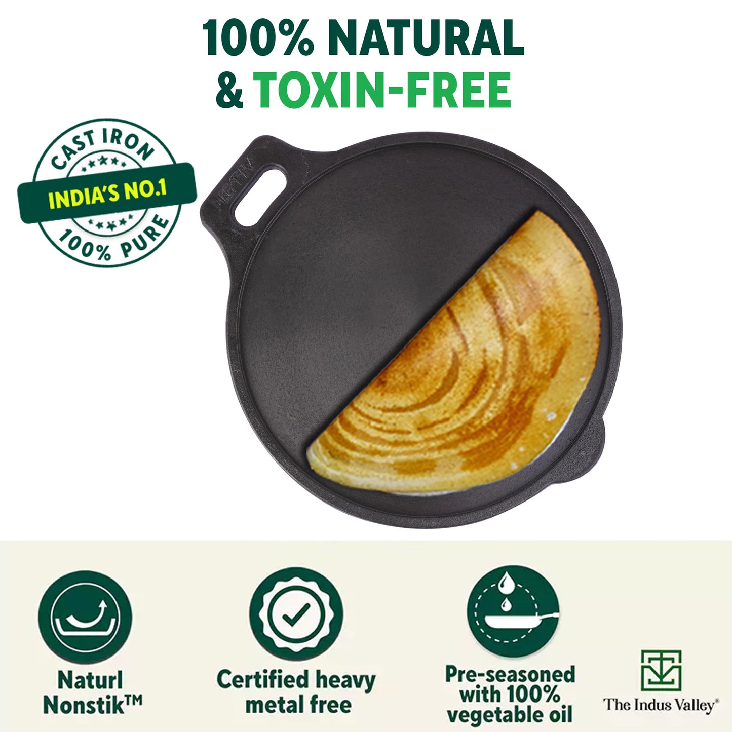 The Indus Valley Super Smooth Cast Iron Tawa with Free Wooden Spatula for Dosa/Chapathi | 27.6cm/10.8 inch, 2.8kg | Induction Friendly | Naturally Nonstick, 100% Pure & Toxin-Free