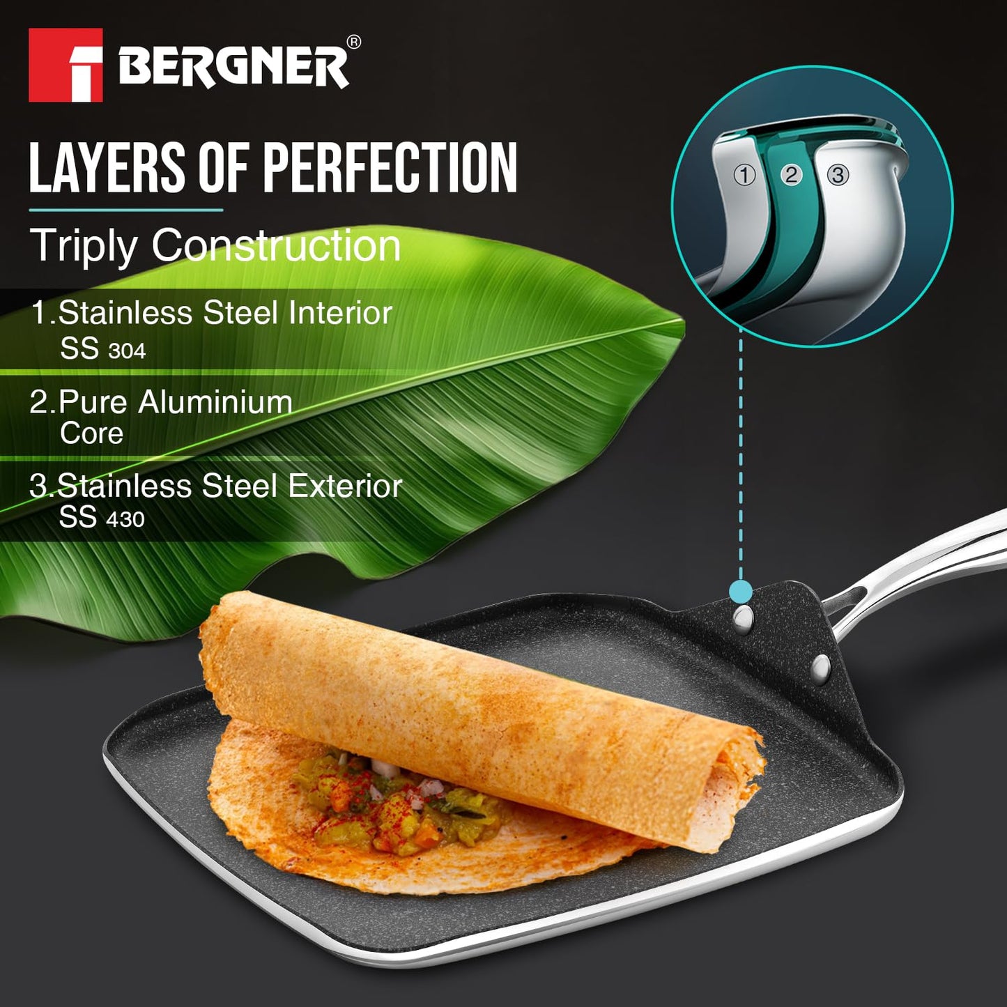 BERGNER Argent Samsara Triply Stainless Steel 27cm Square Multi Tawa with Quantanium Non-Stick Coating, Consumes Less Oil, Healthy Cooking, Even and Fast Heating, Easy to Clean - Induction Compatible