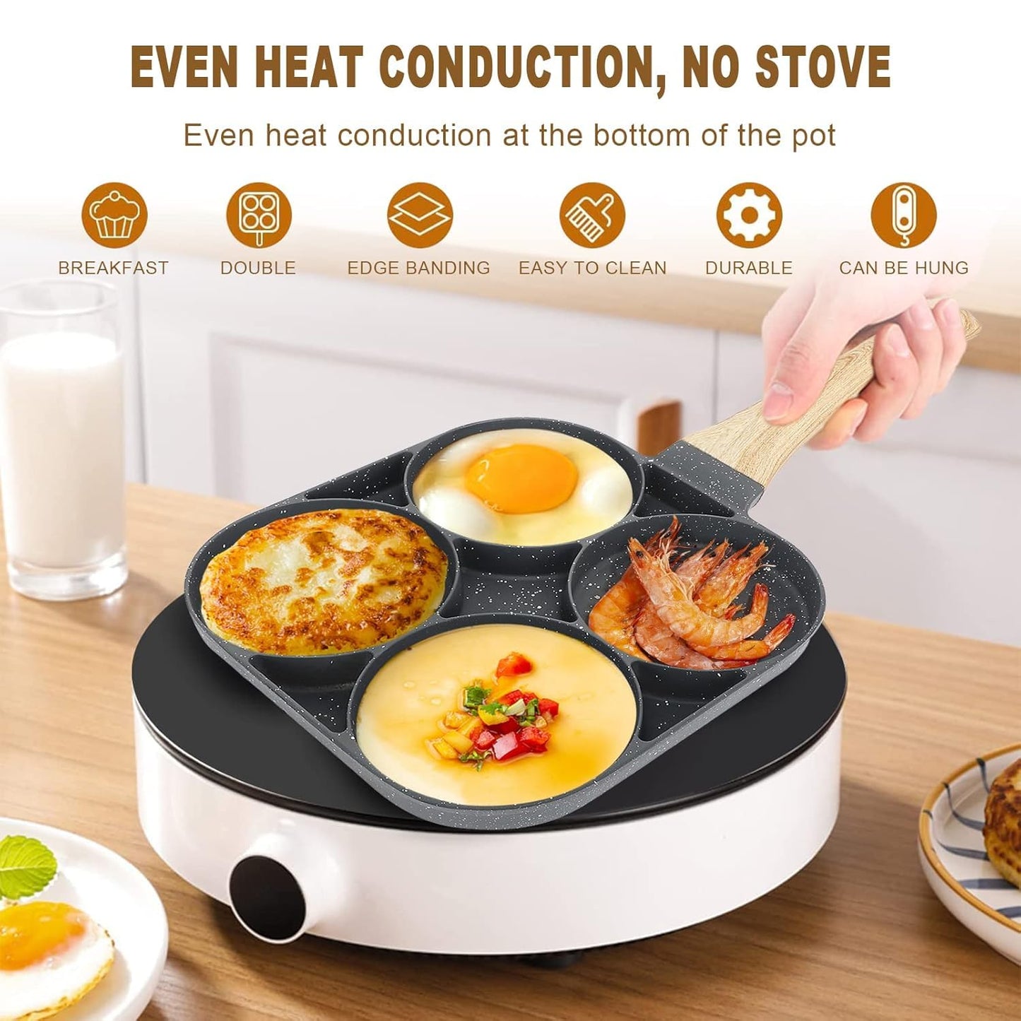 SILENCIO Egg Frying Pan Nonstick Pancake Pans 4-Cups cookware Pancake, Omelette Pan, Idli Non stic plat Harmless with Handle for Electric Stove for Kitchen for Induction Cooker