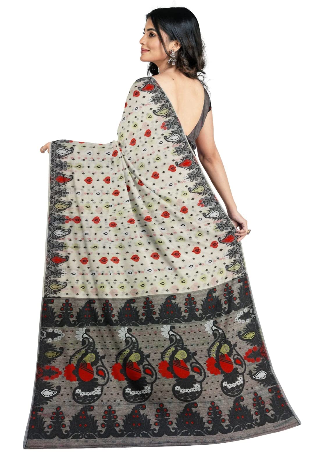 Saree Niketan Women's Traditional Bengal Cotton Silk Jamdani Saree (white)