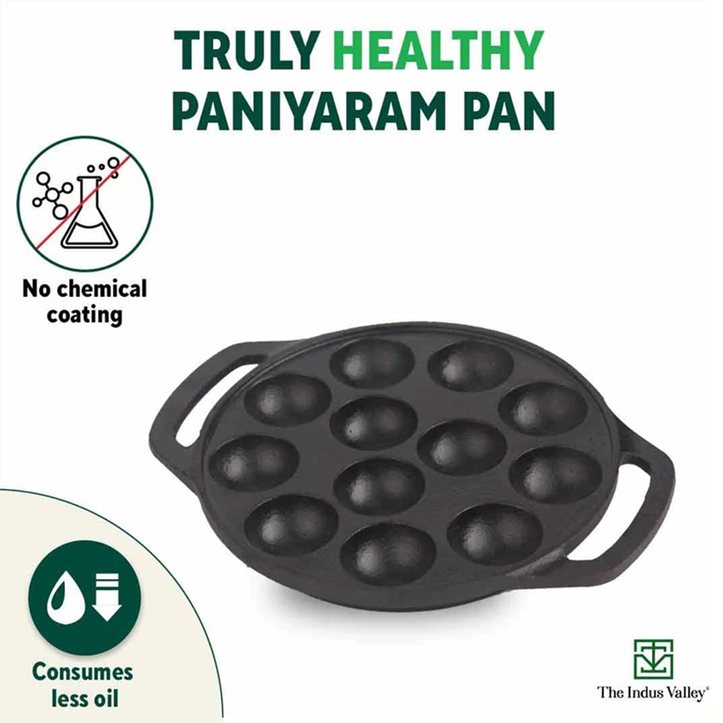 The Indus Valley Pre-Seasoned Cast Iron Paniyaram Pan With Loop Handle | 12Pit, 8.3Inch/21 Cm, 2.15Kg | Nonstick Appe/Paddu Pan, 100% Pure & Toxin-Free, Black