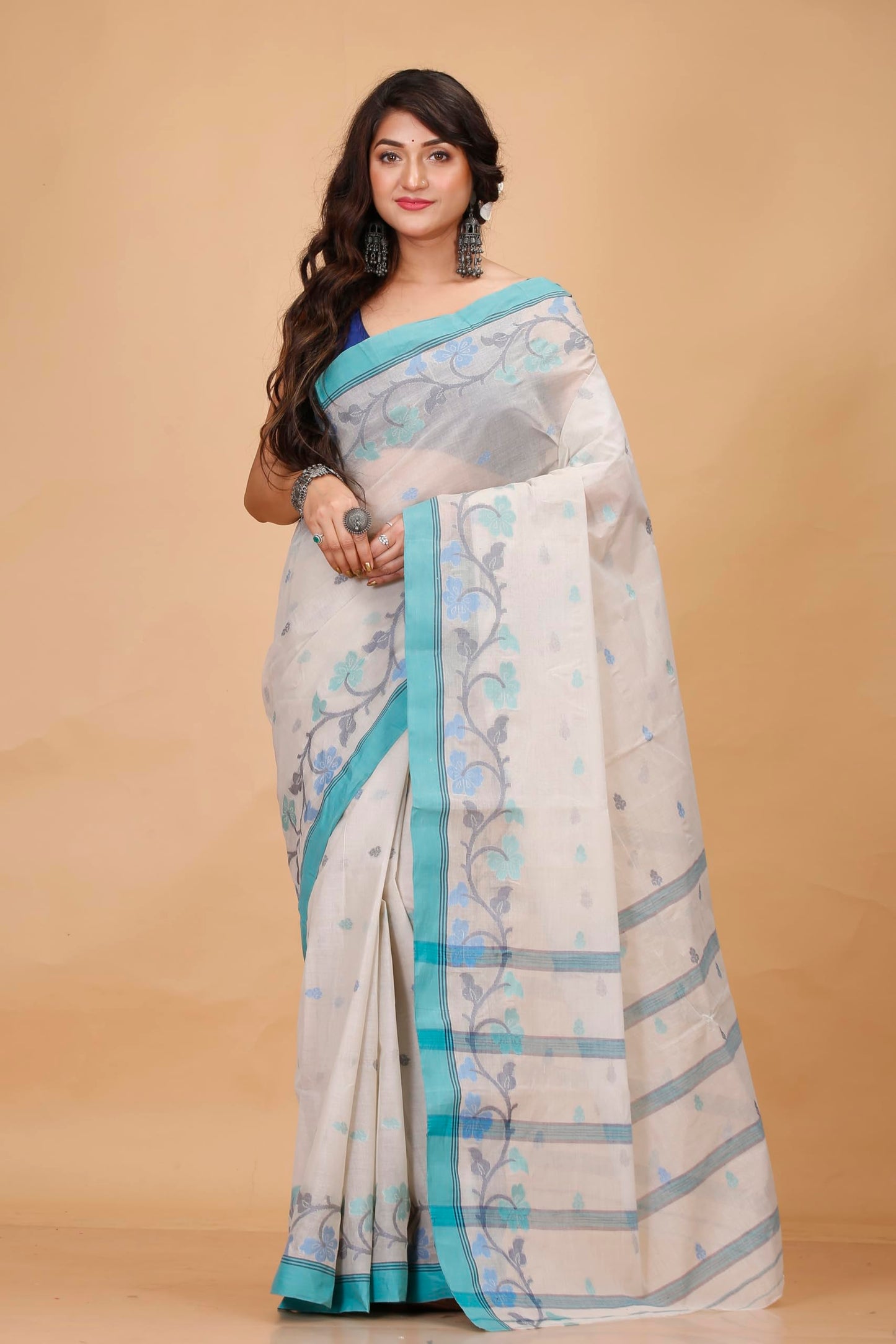 Tant Story Women's Traditional Bengal Trending Tant Handloom Pure Cotton Tangail Saree without Blouse Piece (Off White)