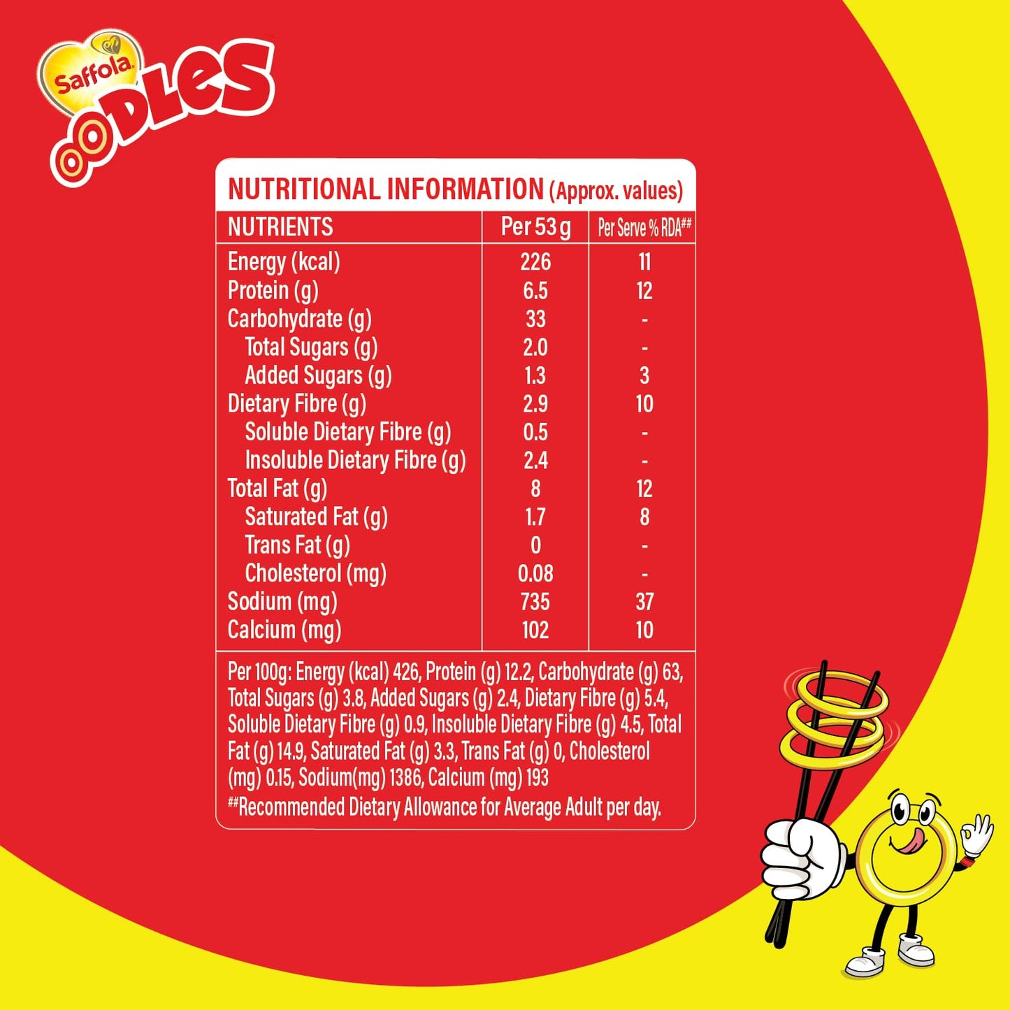 Saffola Oodles Yummy Masala Pack of 14 (14x53g) 742gm, Instant Noodles, Ring Noodles, No Maida, Goodness of Millet & Oats