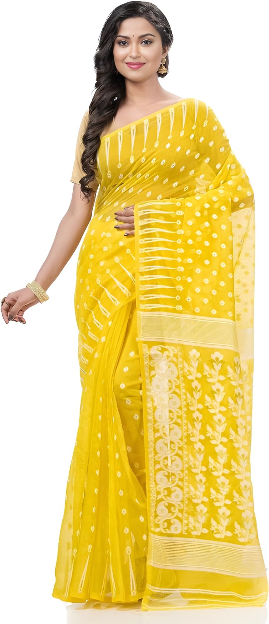 AS Aishwarya Sarees Cotton Silk Women's Bengal Special Soft Dhakai Jamdani Saree For Women With Blouse Piece (Yellow)