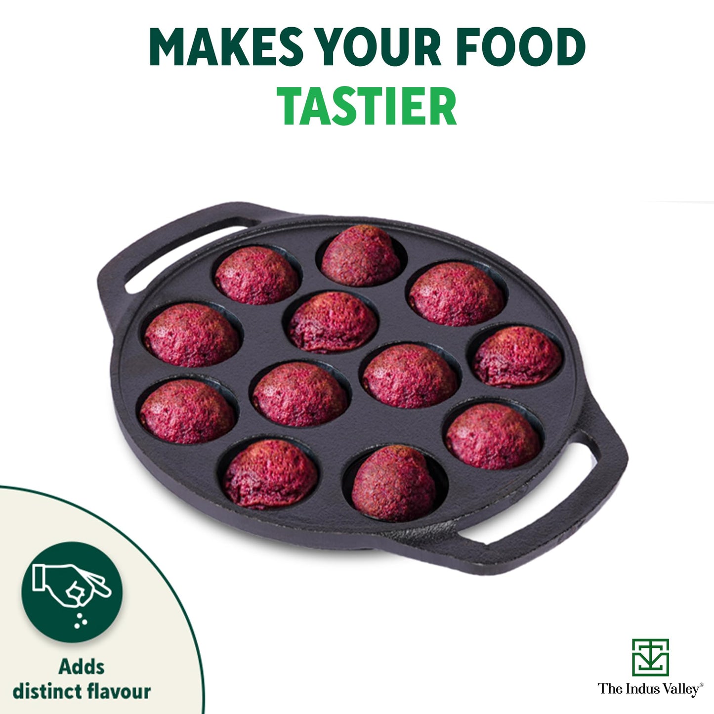 The Indus Valley Pre-Seasoned Cast Iron Paniyaram Pan With Spatula|Medium, 12Pit, 8.3Inch/21 Cm, 2Kg|Induction Friendly|Nonstick Appe/Paddu Pan, 100% Pure & Toxin-Free, No Chemical Coating, Black