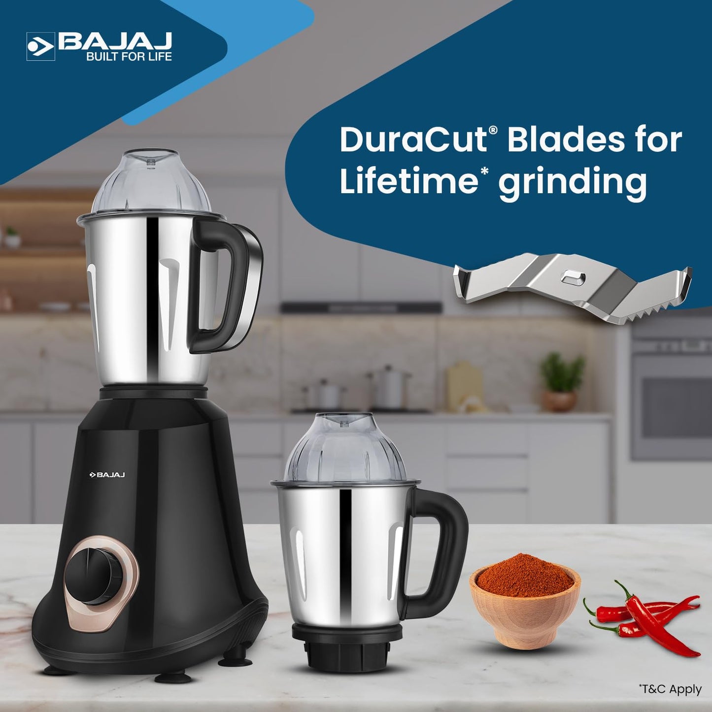 Bajaj Military Series Glamore 4 Jar 1000 Watts Mixer Grinder | 3-Speed Control With Pulse Effect Mixie| 2 Years Warranty | Jet Black