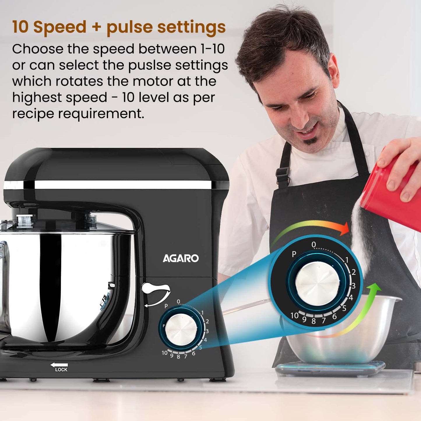 AGARO Imperial Stand Mixer,1400W with 6L SS Bowl, 1.5L Blending Jar,10 Speed With Pulse Function, 100% Copper Motor, Includes Blending Jar, Whisker, Beater, Dough Hook, Egg White Separator, Black