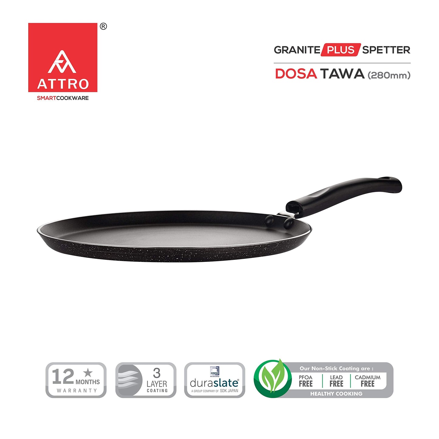 Attro Non-Stick Aluminium Gas Stove & Induction Compatible Dosa Tawa 28 Cm, Marble Grey