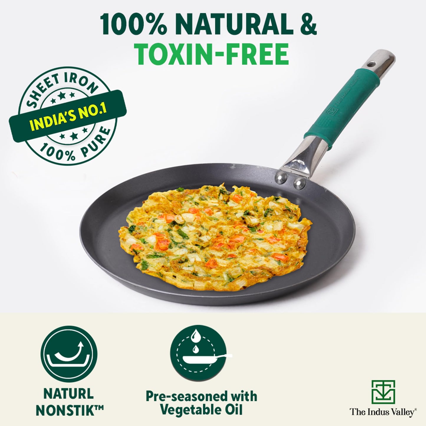 The Indus Valley Pure Iron Flat Tawa With Silicone Grip | 26Cm/10.2 Inch, 1Kg | Induction Friendly | 100% Pure & Toxin-Free, No Chemical Coating,Multicolor