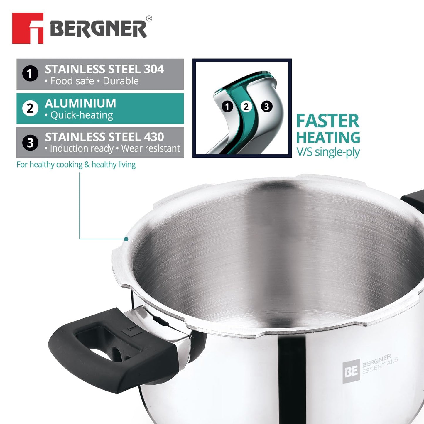 Bergner BE Bergner Essentials Tripro Triply Stainless Steel 3 Liters Outer Lid Pressure Cooker, Faster and Even Heating, Healthy Cooking, Easy to Clean, Full Induction Bottom and Gas Stove Ready