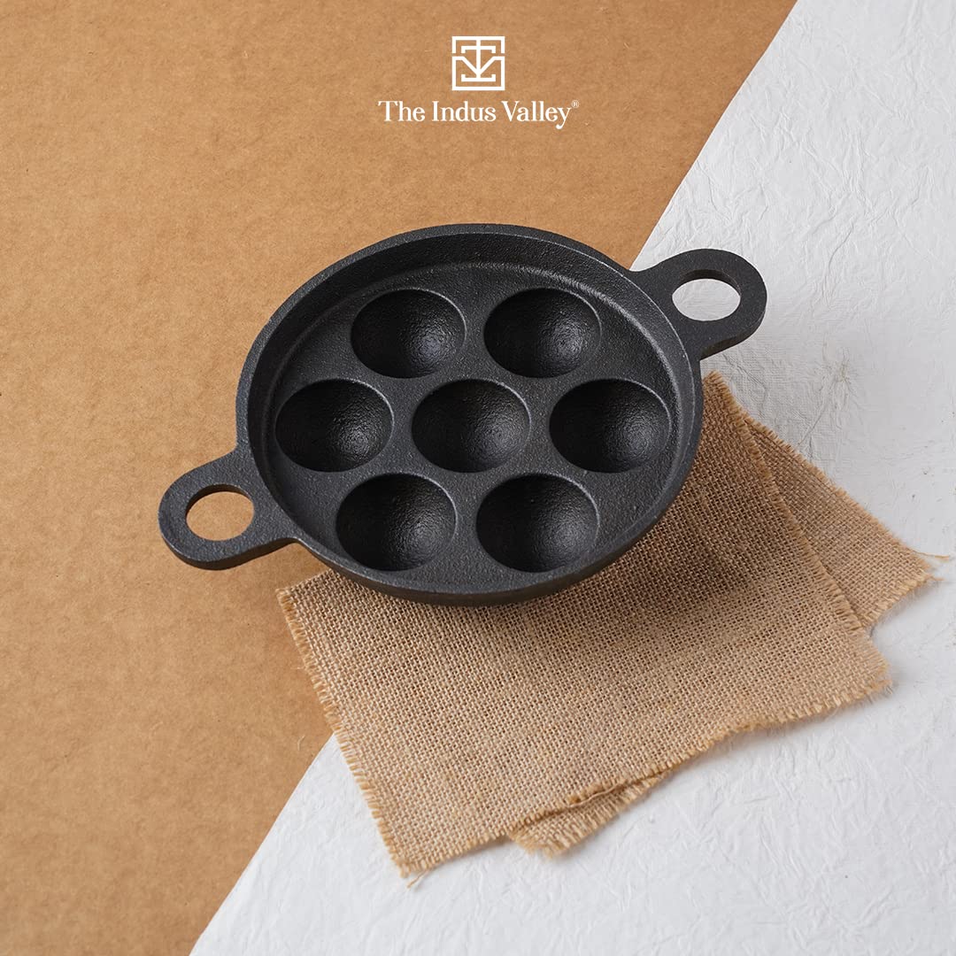 The Indus Valley Super Smooth Cast Iron Paniyaram Pan | 7Pit, 19Cm/7.4 Inch, 2.2Kg | Induction Friendly | Nonstick, Pre-Seasoned Appe/Paddu Pan, 100% Pure & Toxin-Free, No Chemical Coating - Black