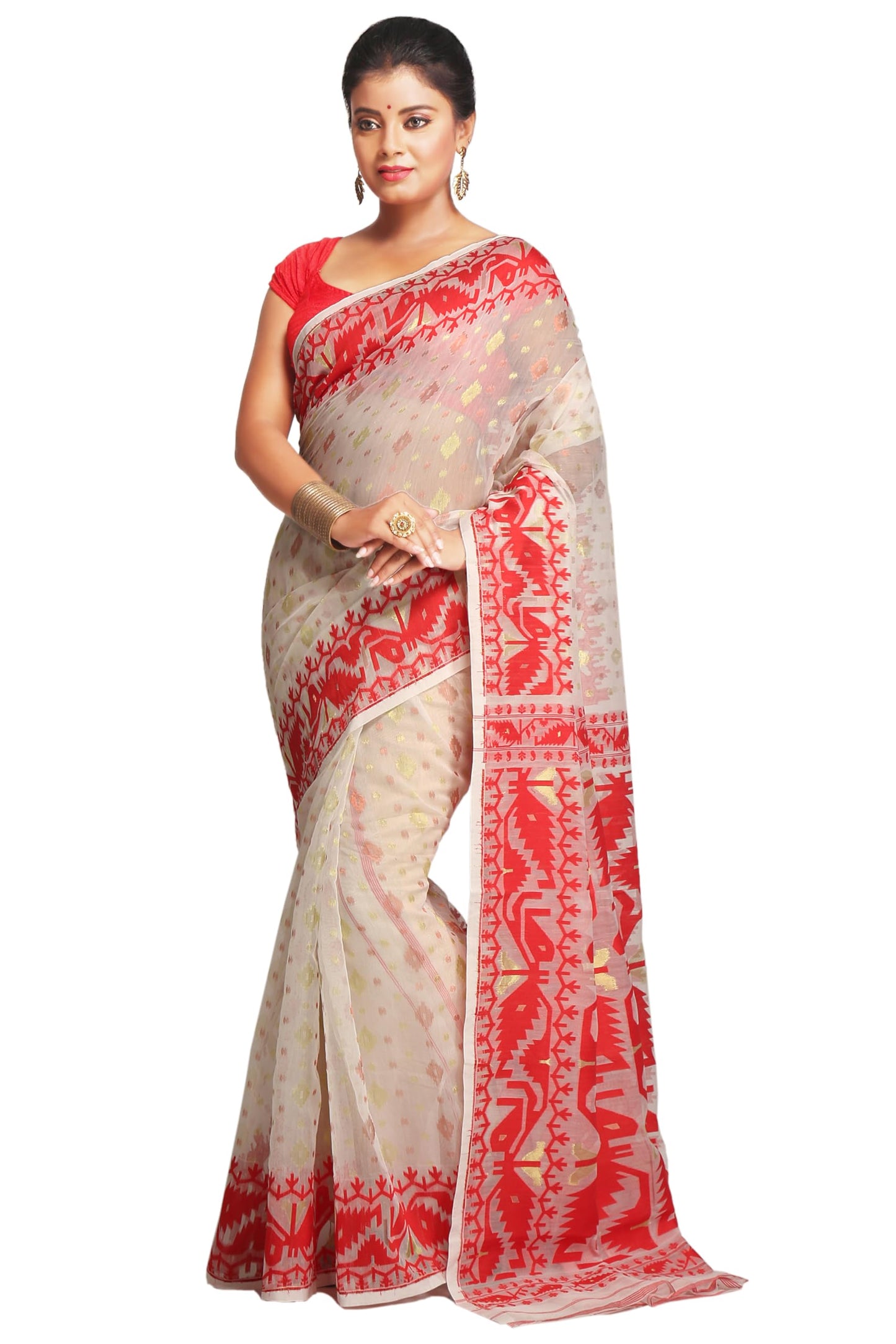 BENGAL HANDLOOM Women'S Cotton Silk Softs Dhakai Jamdani Sarees (White & Red)