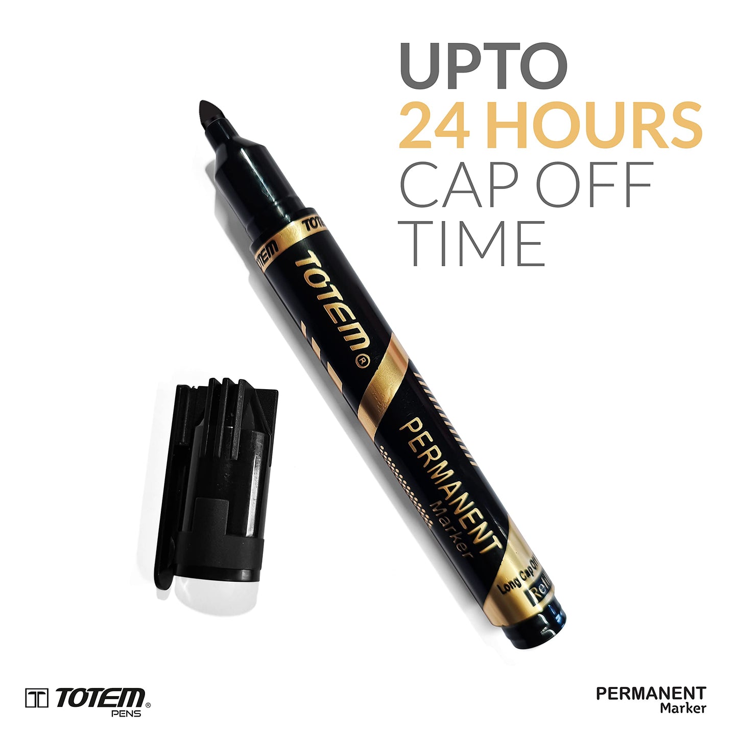TOTEM Permanent Marker | 10 Black Ink Markers | Bullet Tip for Bold Writing | Suitable for Multiple Surfaces | Stationery Items | Students and Office Uses