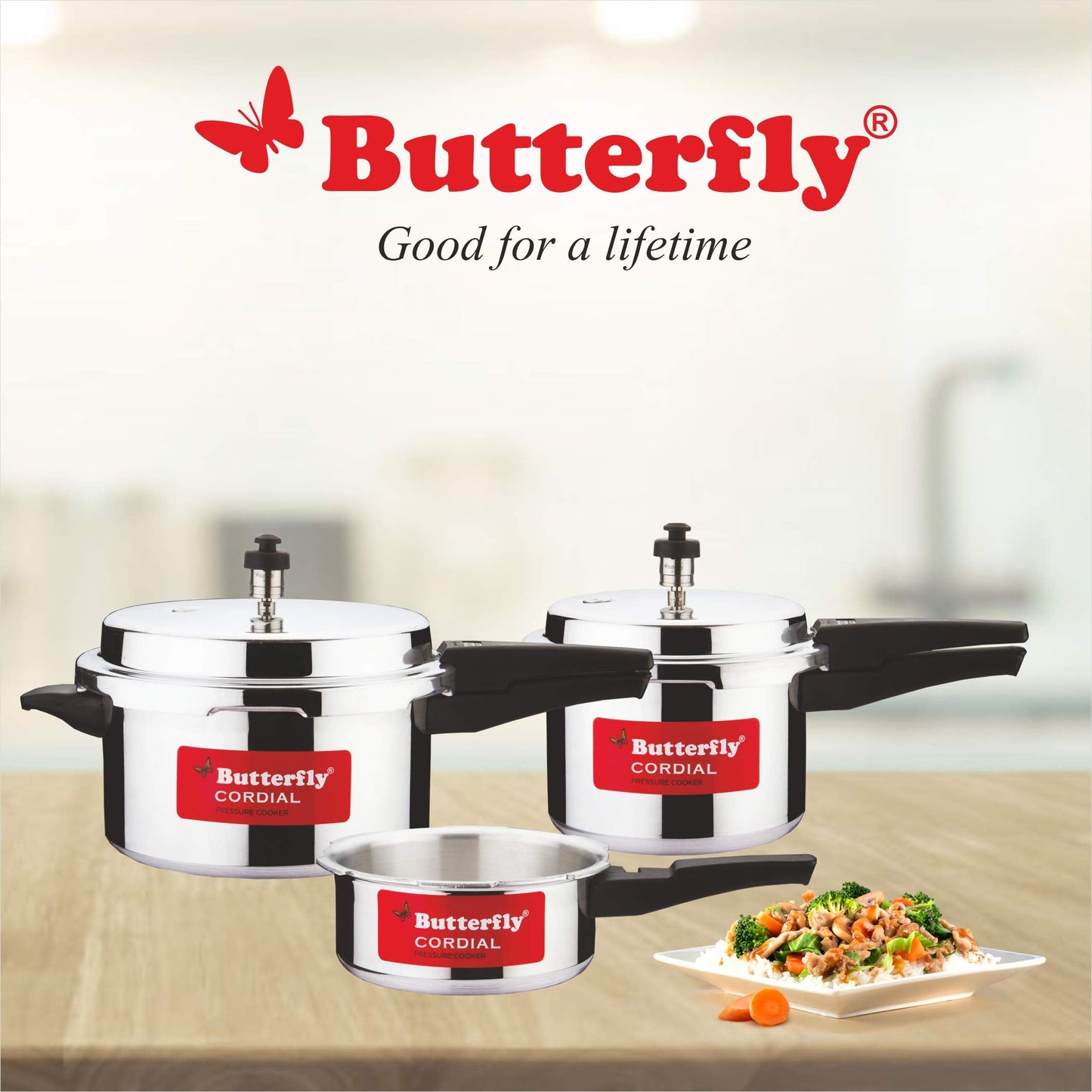 Butterfly Cordial 2, 3 & 5 Litres Pressure Cookers | Outer Lid | Food Grade Virgin Aluminium | Gas Stove Compatible | ISI Certified | 2 Years Manufacturer's Warranty | Silver