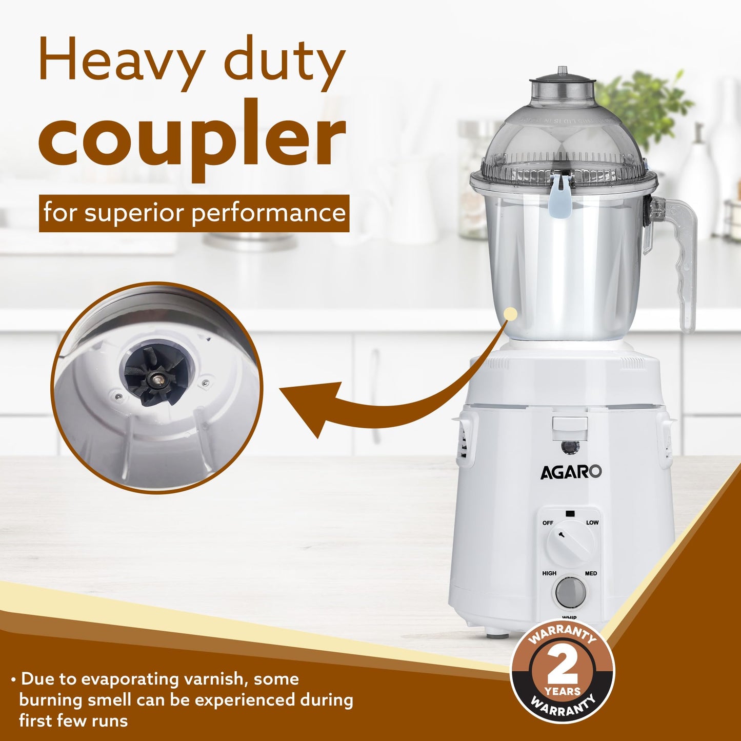 AGARO Royal Mixer Grinder 900W, Heavy Duty, 100% Pure Copper Motor, 3 Stainless Steel Jar, 3 Speed, Whip Function, Stainless Steel Blades,Wet & Dry Grinding, White